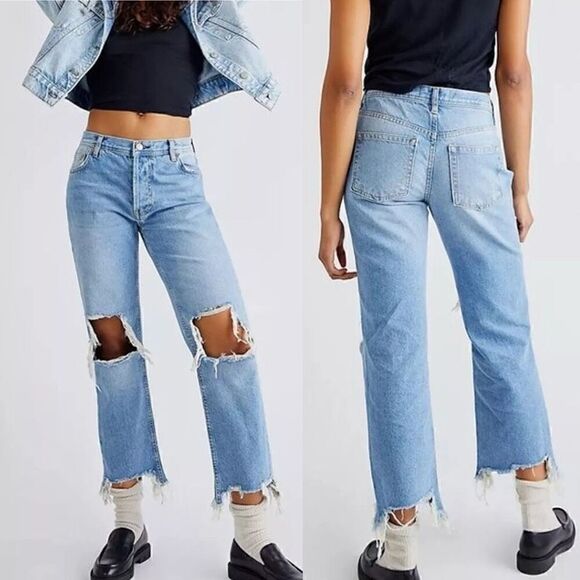 Free People Maggie Straight Leg Mid Rise Distressed Denim Jeans Size 26 Waist - Picture 10 of 15